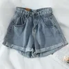 Été Femmes Streetwear Large Jambe Bleu Denim Shorts Casual Femme Élastique Wasit Lâche Couleur Solide Jeans 210430