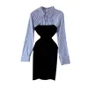 Женская весенняя осень платье корейский стиль полосатый контрастный цвет шить рубашка с длинным рукавом SLIM STORE ES GX542 210507