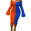 Contrast kleur patchwork zomer jurken voor vrouwen aankomst flare lange mouw bodycon casual jurk groothandel 210525