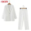 Tangada Elegante Frauen Set Kragen Punkt Patchwork Weiße Blazer Hosen Set Mode Anzug 2 Stück Set Mantel und Hosen DA67 210609
