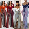 Zkyzwx Fall Two Piece Overaller Kvinnor Ställ av Axelbandage Toppar Mode Plaid Sling Bodycon Jumpsuit Night Club Outfits Passar Y0625