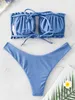 ZAFUL Women Swimwear Ribbed Tie Cutout Bandeau Swimsuit StraplRuched Sexy Brazilian Female Bikinis Set Bathing Suit 2021 X0522