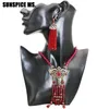 Collier Boucles D'oreilles Ensemble Pierre Naturelle Maroc Rouge Mariage Long Glands Balancent Charme Couleur Or Antique