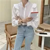 Eleganza Moda Retro Ruffles Office Lady Solid maniche lunghe Sweet Girls Camicie Femme Casual Tops Vestire 210525