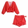 TRAF Shorts Sets Za Summer Two Piece Set Women 2021 Red Floral Knot Crop Top Female High Waist Skorts Woman Shorts Outfit Y0702