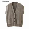 Automne Vintage Kaki Sans Manches Tricoté Cardigan Femmes Vêtements Coréens Poche Lâche V Col Pull Gilet Boyfriend Style Tricots 210429