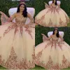 فساتين Quinceanera Champagne Rose Gold الترتر الدانتيل الدانتيل حبيبته مع الأكمام القابلة للفصل ثوب ballgown حلوة مخصصة مصنوعة