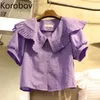Коробовский корейский сладкий Питер Pan воротник женские блузки старинные с коротким рукавом одиночные груди женские рубашки летние фиолетовый Blusas Mujer 210430