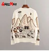 Knit Fall Cardigans Women Loose Vintage Streetwear Sweater Button Cartoon Cute Print V Neck Knitted Cardigan for 210428