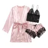 New Sexy Ladies Lace Satin Silk Pajamas Shorts Set Women NightdrLingerie Robes Underwear Nightwear lingerie femme A70 X0526