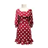 Red Polka Dot Slash Neck 3/4 Sleeve Short Mini Dress Vintage Summer Beach Vocation Women Female Elegant Retro D1604 210514
