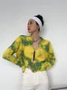 Y2k Tie Dye Pin Cardigan Women Sweater Yellow Cropped Knitted Long Sleeve Autumn Winter High Fashion 210427