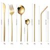 42st rainbow porslin set gaffelsked kniv bestick set 18/10 rostfritt stål middag dinnerware set semester guld trä presentförpackning 210706