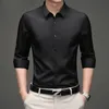 Green Shirts Men Casual Long Sleeve Satin Mens Shirt Slim Business Work Camisas Non Iron Solid Chemise Homme 26+Colors 210524