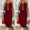 Seksi Siyah Dantel Patchwork Kayış Maxi Elbise V Boyun Kolsuz Yan Bölünmüş Kadın Yaz Elbiseler Rahat Plaj Elbise Gevşek Robe Femme X0521