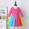 2022 Princess Tjejer Klänning + Huvudband Vinter Rainbow Långärmad Bomull Färg Block Gullig Baby Girl Cotton Party Dresses For Kids G1215