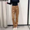 Kobiety Faux Skórzane spodnie Vintage Mid-Camel Blazer High-Paist Kieszenie Zip I Metal Hook Wysokiej jakości 210520