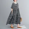 Johnature Summer Loose Retro Print O-Neck Kortärmad Plus Storlek Klänning Enkel Fritid Bekväm Kvinnor Pullover Dress 210521