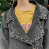 PERHAPS U Women's Short Cropped Denim Blue Jacket Button Long Sleeves Jean Notch Collar Pocket Rivet C0110 210529