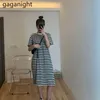 韓国のファッションコットンの緩い縞模様のレギュラー半袖ドレスサイドスプリットシャツOネックプラスサイズの夏のドレス女性210601