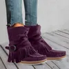 Retro Tassel Winter Autumn Women Boots Suede Flat Zipper Solid Color Short Booties Comfortable Round Toe Ankle Shoes Plus Size 284