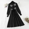 Spring Knitted Patchwork Women Dress Korean Puff Sleeve A Line Slim Bandage Long es Office Lady Elegant Robe 210514