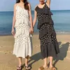 Zwart Wit Chiffon Spaghetti Strap V-hals Midi Jurk Zomer Holiday Beach Polka Dot Cascading Ruffle D1185 210514