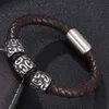 Bracciale con ciondolo in acciaio inossidabile intagliato Braccialetti in vera pelle intrecciata stile retrò da uomo