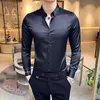 Neckline Embroidery Mens Shirts Long Sleeve Casual Slim Fit Men Dress Solid Color Formal Business Social Clothing Blouse 210721