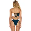 Women's Swimwear Sexy Solid Double Block Color Ruffle Swimsuit Women Without Straps Backless Braided Rope Two Piece Low Waist Bikini