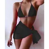 Kvinnors badkläder triangel sexig bikini set tryckt baddräkt kjol 3 stycke skjut upp halter slips färg 2022 knut baddräkt