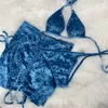 Nieuwe kleur fluwelen badmode brief patroon jacquard badpak 3-delige soft soft soepele lace-up bikini sets voor vrouwen vakantie