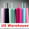 Local Warehouse! 16oz Matte Acrylic Tumblers With Lids & Straws BPA Free 6 Color Plastic Sports Water Bottles Double Wall Drinking Water Cups A12