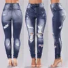 Hög midja kvinnor slim hål rippade denim jeans casual stretch mager byxor 210809