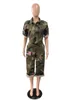 Kvinnors Jumpsuits Rompers Camouflage Rolled Up Kortärmad Kalv Längd Playsuit Fashion Women Front Zipper med fickor Romper One Piece