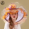 FS Pink Organza Kentucky Derby Hat For Women Wide Brim Beach Big Sun Hats Flowers Elegant Ladies Wedding Church Party Fedoras 210323