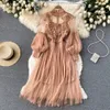 Spring Autumn Sweet Women Mesh Dress Elegant Stand Collar Lantern Long Sleeve High midja 2st Party Vestidos kvinnligt nytt mode 2022