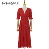 White Hollow Out Elegant Dress For Women V Neck Puff Half Sleeve High Waist Mid Dresses Female Fashion Clothes 210520