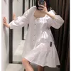 Vuwyv jurken voor vrouwen witte poplin geplooide Smock mini-jurk vrouw zomer casual lange mouwen voor knoppen vestidos 210430