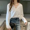 Blusas Jesień Koreański Luźny Z Długim Rękawem V-Neck Białe Koszule Kobiety Office Lady Solid Bluzki Moda Topy 10511 210521