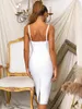 Vestidos Casuais Mulheres Sexy Cristal Diamante Midi Bandagem Branco Vestido 2021 Evening Designer Celebridade Elegante Chique Vintage Party 100cm