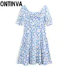 Summer Dress Sunflower Print Mini A Line Elegant Short Flora Sleeves Vestidos De Fiesta Blue Vintage Women 210527