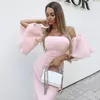 Été femmes mode hors épaule robe Sexy dentelle rose Mini Slash cou Club célébrité piste Vestidos 210525