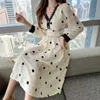 Elegant Dres Midi French Vintage Party Female Autumn V-Neck Long Sleeve Dot Casual Korean Office Lady 210604