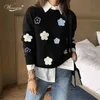 한국 꽃 탈로물 풀오버 스웨터 고품질 여성 우아한 O 넥 니트 탑스 C-089 210812
