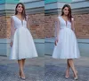 2022 Elegant Short Ivory Tulle Wedding Dress A Line Long Sleeves Pearl Knee-Length Bridal Gowns Wedding Party Dresses Vestido Novia Robe De Mariée