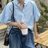 Korejpaa Women Shirt Summer Korean Chic Sweet Gentle Cream Blue Lapel Single-Breasted Loose Two-Pocket Puff Sleeve Blouses 210526