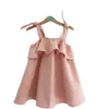 Fashion Girls Dress Summer Cotton Linen Shoulderless Toddler Outfit Ruffles Petto Abbigliamento per bambini Q0716