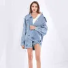 Blaue Mäntel weibliche Revers Langarm Denim Patchwork hohe Taille aushöhlen rückenfreie Jacken Frauen Mode 210524