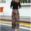 女性のための中国風のフラワーウールのロングスカートのためのヴィンテージのエレガントなミディスカート女性のハイウエスト花プリントウール鉛筆スカート210619